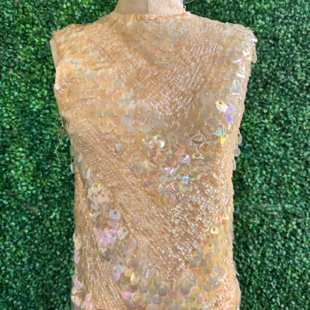 Vintage 1960s Peach Wool Sequin Beaded Formal Sleeveless Blouse Women's set 2